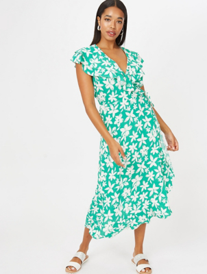 Green Floral Print Midi Wrap Dress ...